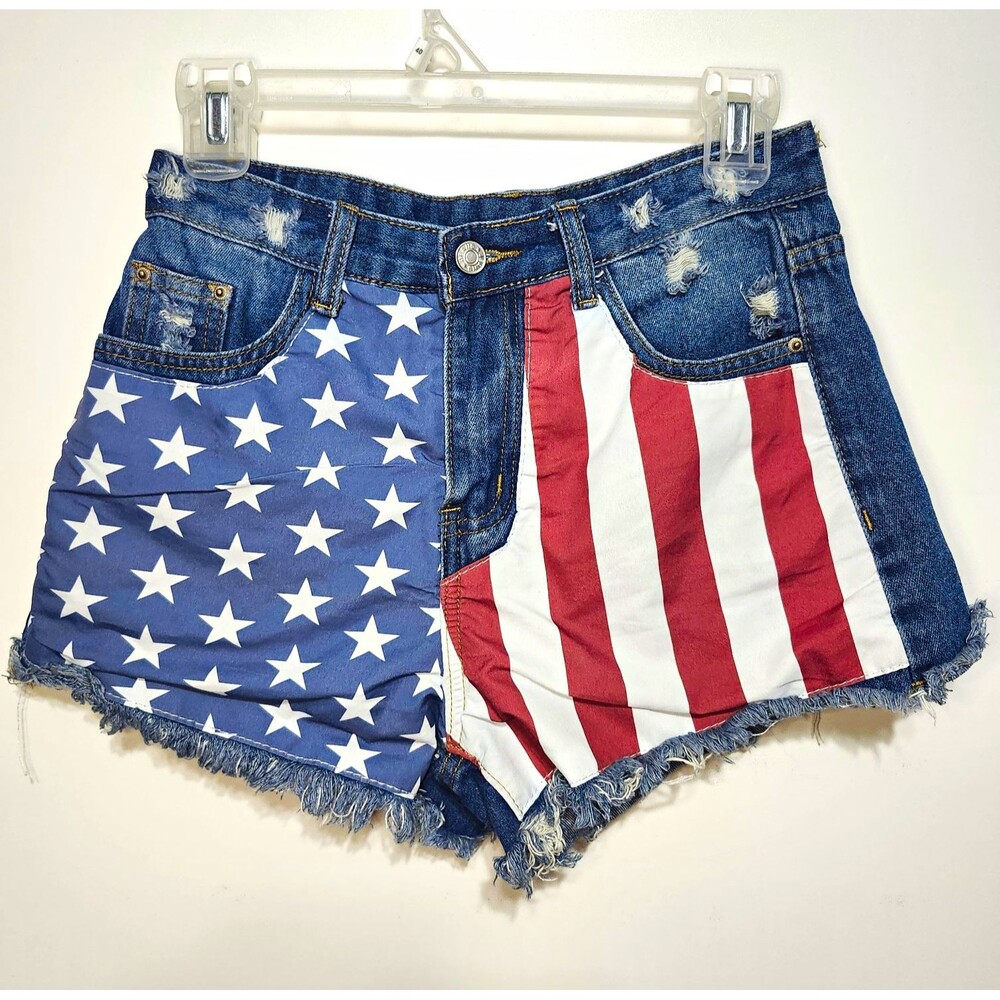 Vtg American Flag Denim Shorts Womens Size 2 S Distressed Patriotic 26 Waist